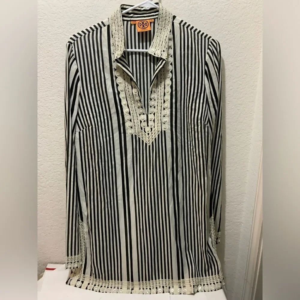 Tory Burch Newell stripe beaded Tunic Embroidered size 10